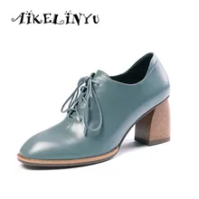 AIKELINYU New Fashion Blue High Heels Pumps Genuine Leather Square Head Party Night Club Shoes Woman Leather Lace Up Office Pump цена AIKELINYU New Fashion Blue High Heels Pumps Genuine Leather Square Head Party Night Club Shoes Woman Leather Lace Up Office Pump цены онлайн