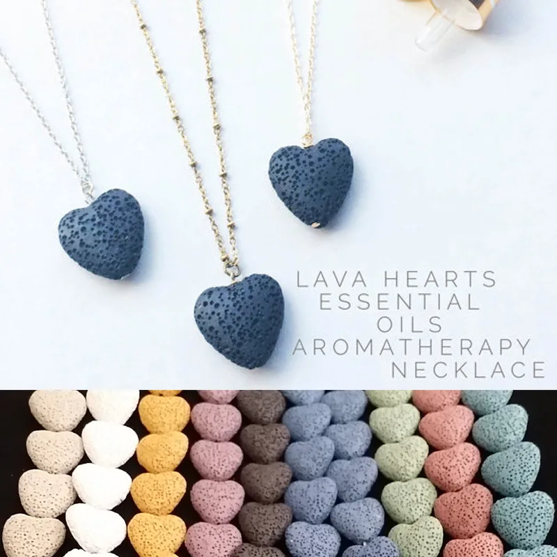 

10Pcs) Blue Heart Lava Stone Pendant Chain Necklace Essential Oil Diffuser Volcano Necklace Aromthraphy Jewelry Sweater Necklace