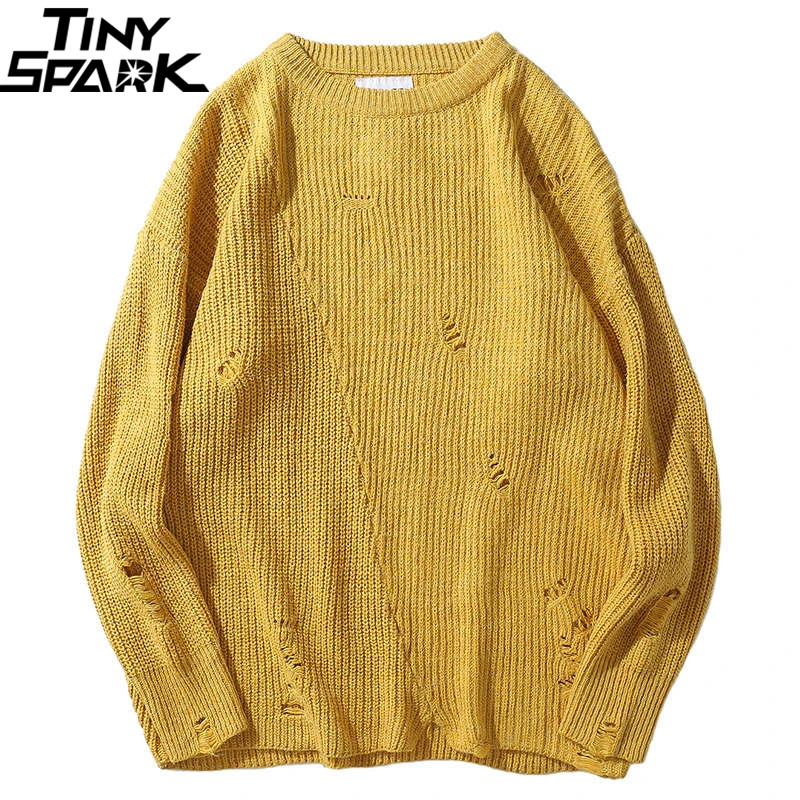 Hip Hop Knitted Sweater Men Retro Vintage Distressed Sweater Pullover