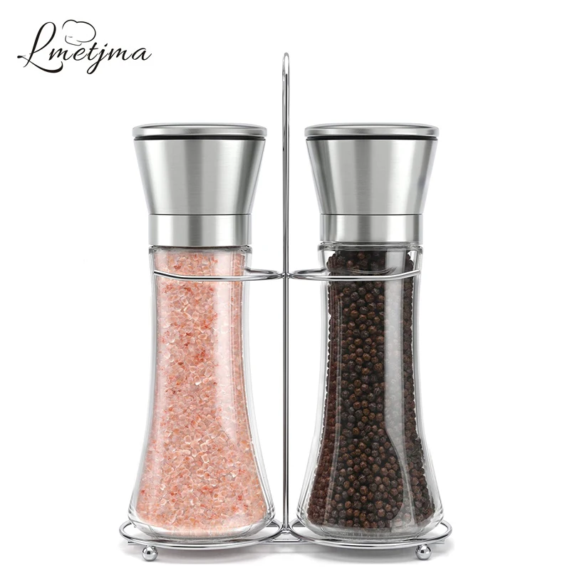  LMETJMA Salt and Pepper Shakers Set With Stand Stainless Steel Salt Pepper Mill Manual Spice Pepper
