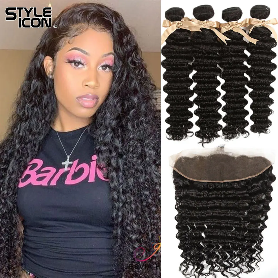 

Styleicon Deep Wave Bundles With Frontal Brazilian Hair Lace Frontal Closure With Bundle Remy Human Hair Bundles With Frontal
