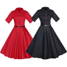 50s 60s Vintage O neck Button Swing font b Dress b font Short Sleeve Party font