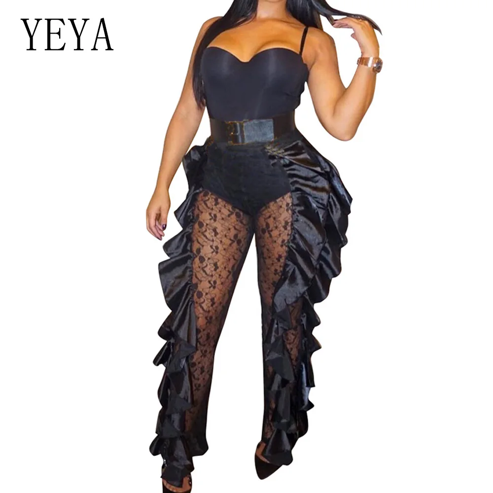YEYA Off Shoulder Lace Patchwork Jumpsuit Women Sexy See Through Mesh Ruffles Bodycon Long Pants Romper Club Party Jumpsuits