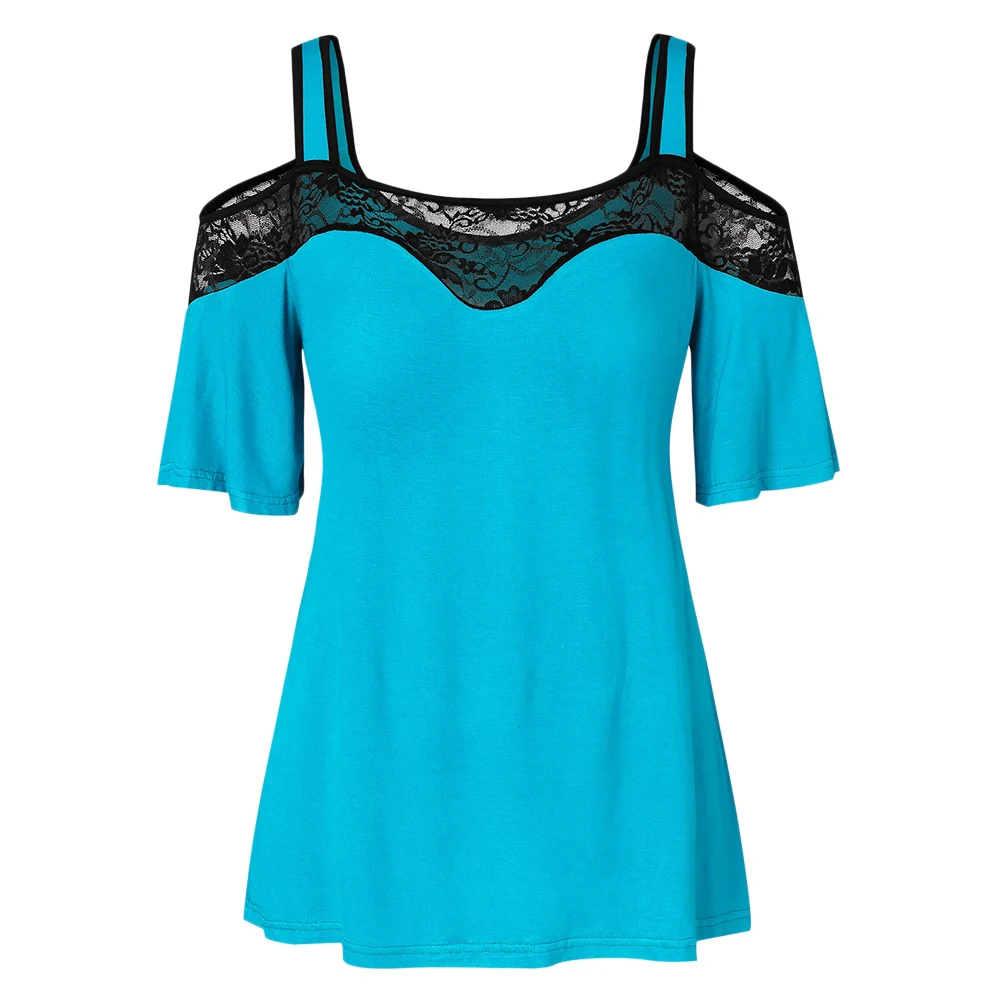

Rosegal Women Plus Size T-shirts Lace Panel Cold Shoulder T Shirt Solid Color Elegant Lace Top Short Big Size Retro Shirt Summer