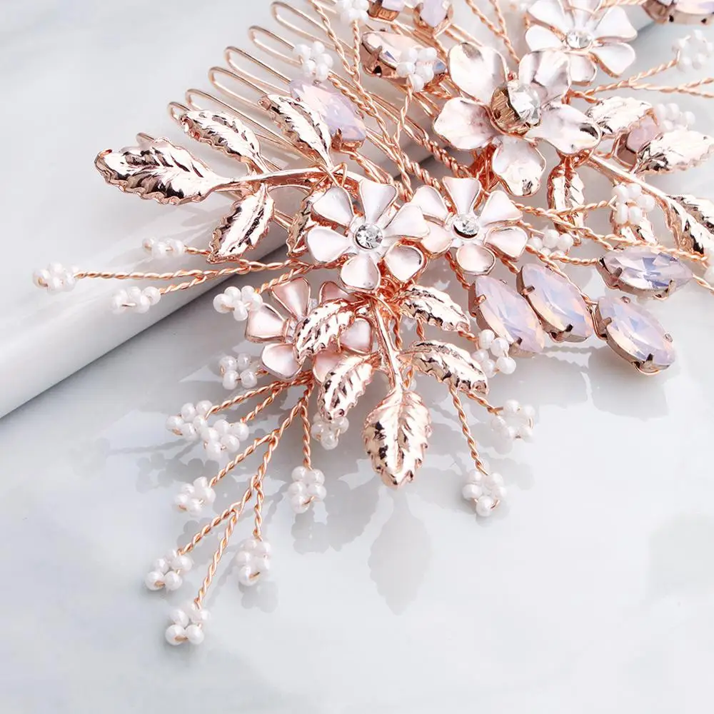 Women Flower Hair Combs Rose Gold Color Leaf Hair Jewelry Accessories Elegant Pink Crystal Wedding Hair Ornament For Bride