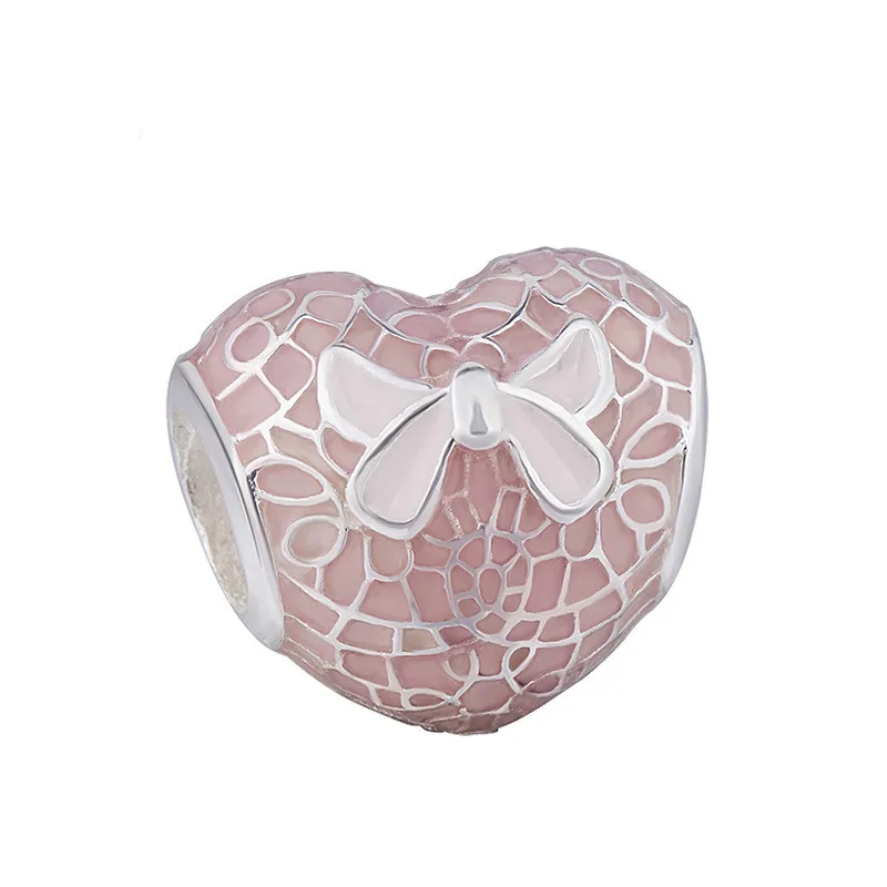 

Authentic 925 Sterling Silver Charm Pink Bow & Lace Heart With Pink Enamel Beads Fit Women Pandora Bracelet & Necklace Jewelry