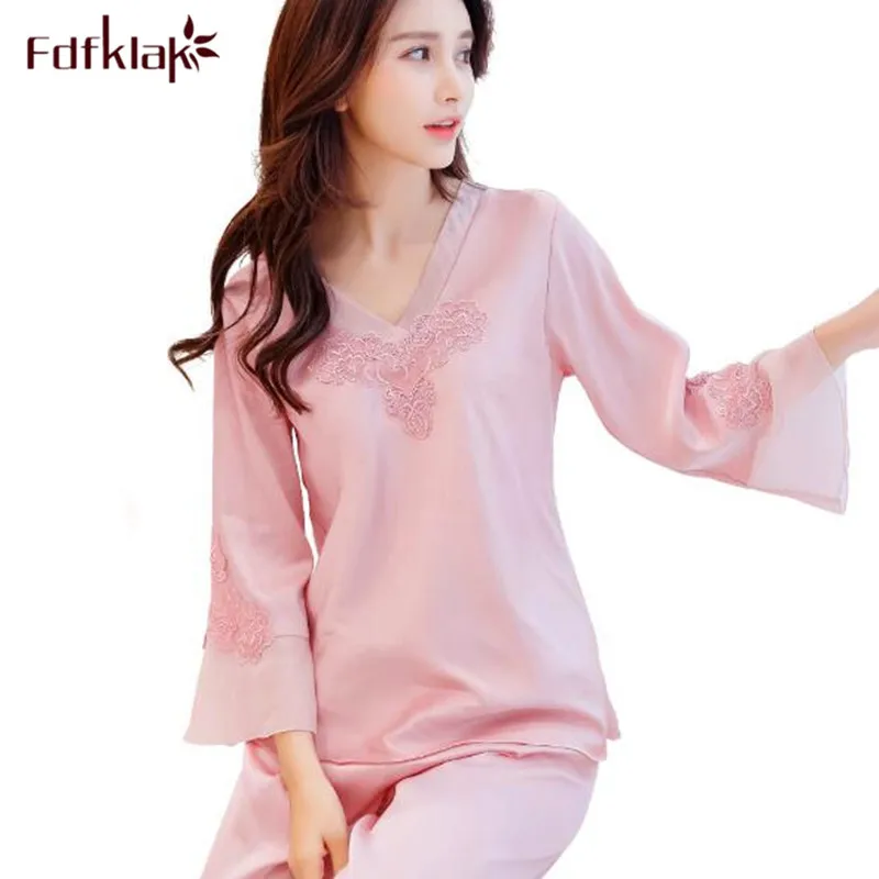 

Large size women pajamas set new casual home clothes long sleeve pijama mujer 2019 silk satin spring autumn pyjamas female