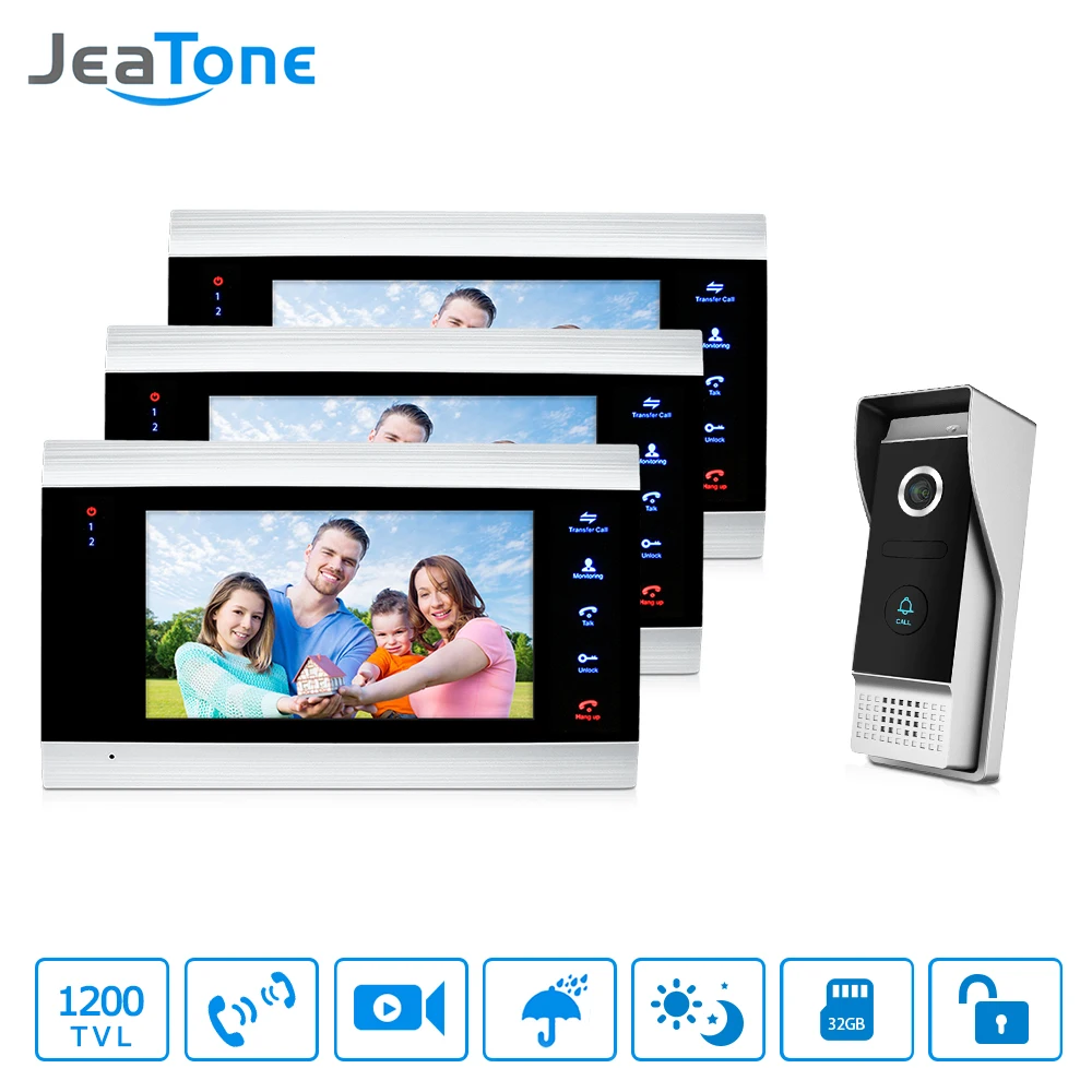 JeaTone 7 inch Video Door Phone Intercom IP65 Waterproof Quality 3 Indoor Monitors+1 1200TVL outdoor Camera Home System