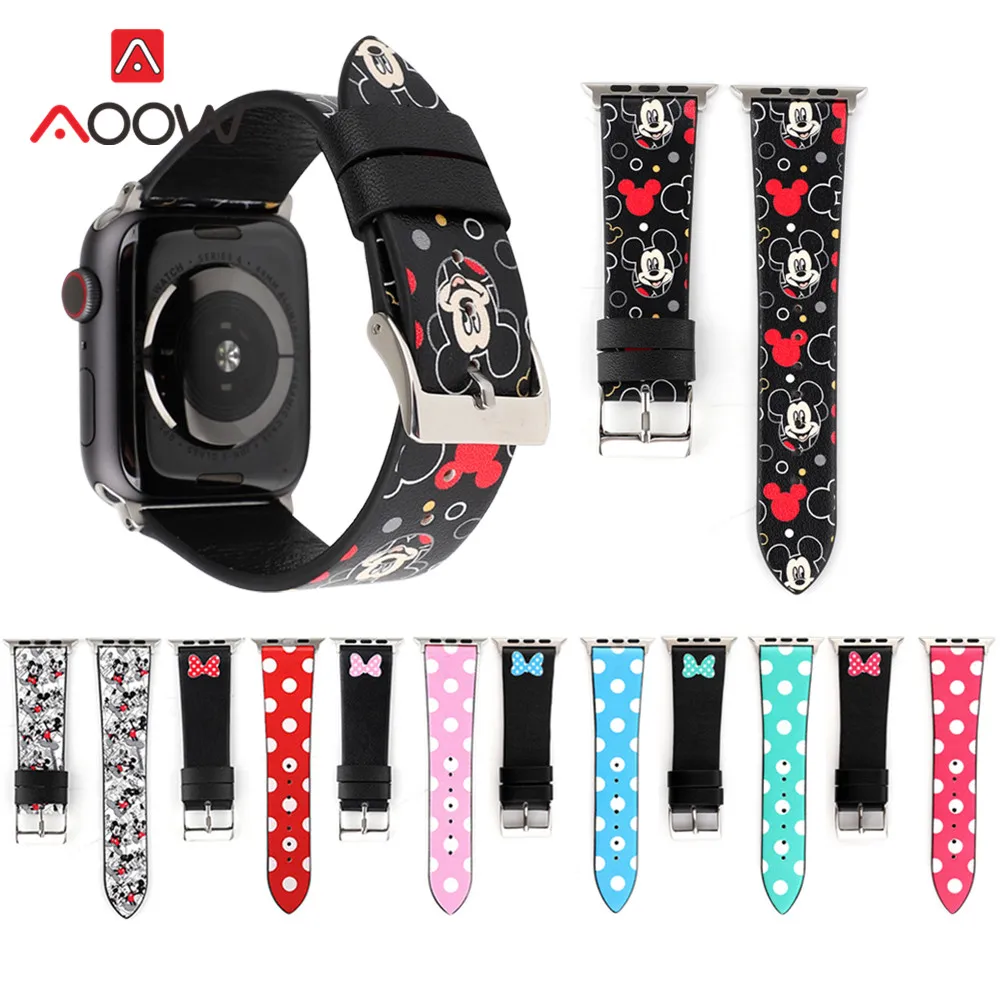 

Genuine Leather Watchband for Apple Watch 4 40mm 44mm 38mm 42mm Mickey Mouse Printing Bracelet Strap Band for iwatch 1 2 3