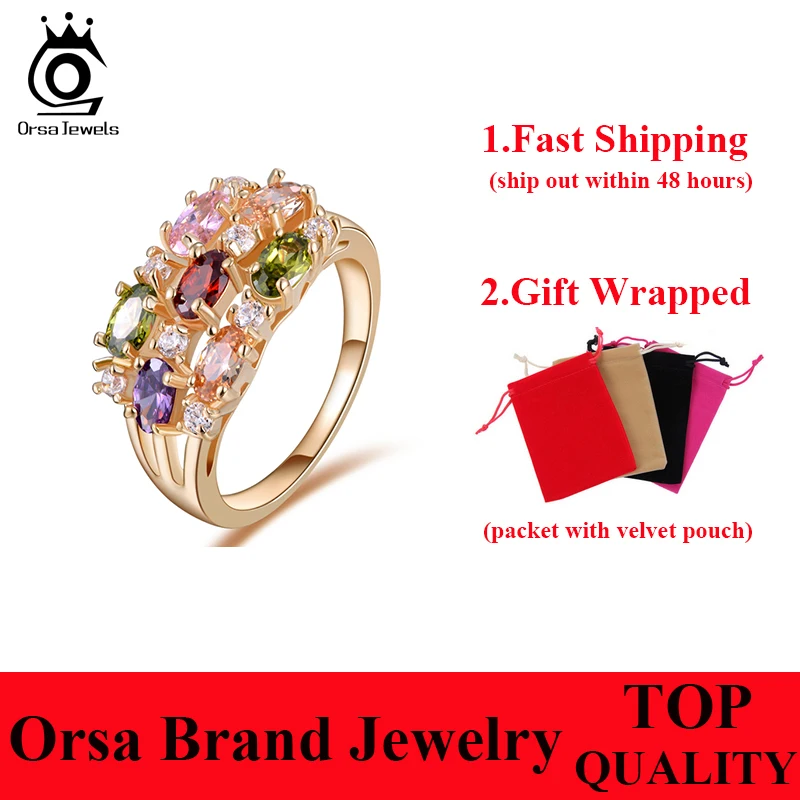ORSA JEWELS Luxury Rose Gold Color Zircon Rings Paved Colorful AAA Austrian CZ Wedding Engagement Rings Jewelry for Women OMR01