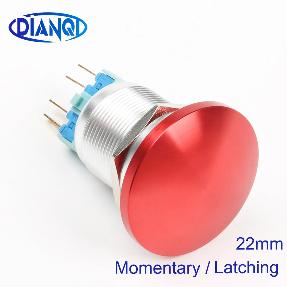 22mm Metal Aluminum Switch Mushroom Emergency Stop Push Button IP67 Waterproof Switch 1NO 1NC 22MG/L Momentary/Latching