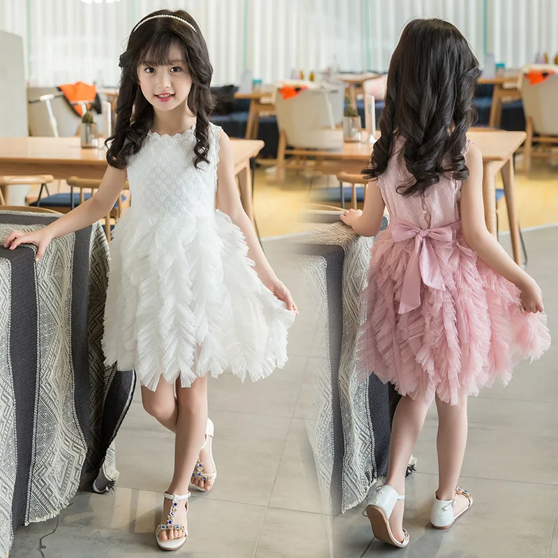 

Hot Baby Girl Clothes Princess Dress Sleeveless Pure and Elegant Mesh Bow Dress White Pink Kids Dresses for Girls 2-9 Year Old
