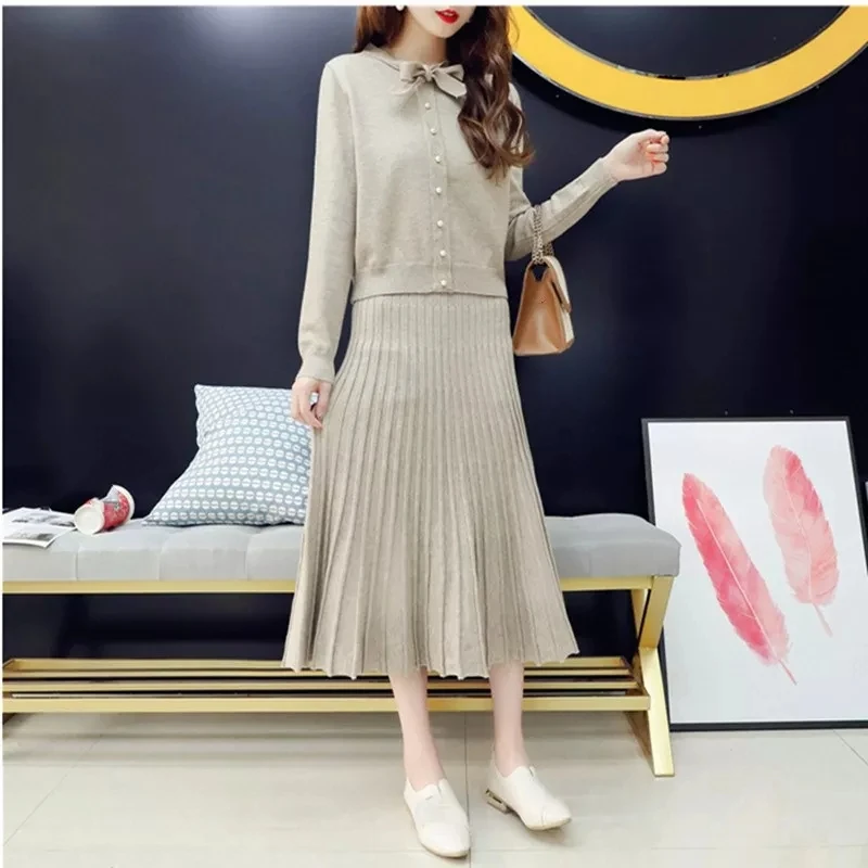 

2019 Spring fall Tops Skirt Knit 2 Piece Set elegant vintage Casual Suit Solid Color Sweater Set ensemble femme 2 pieces