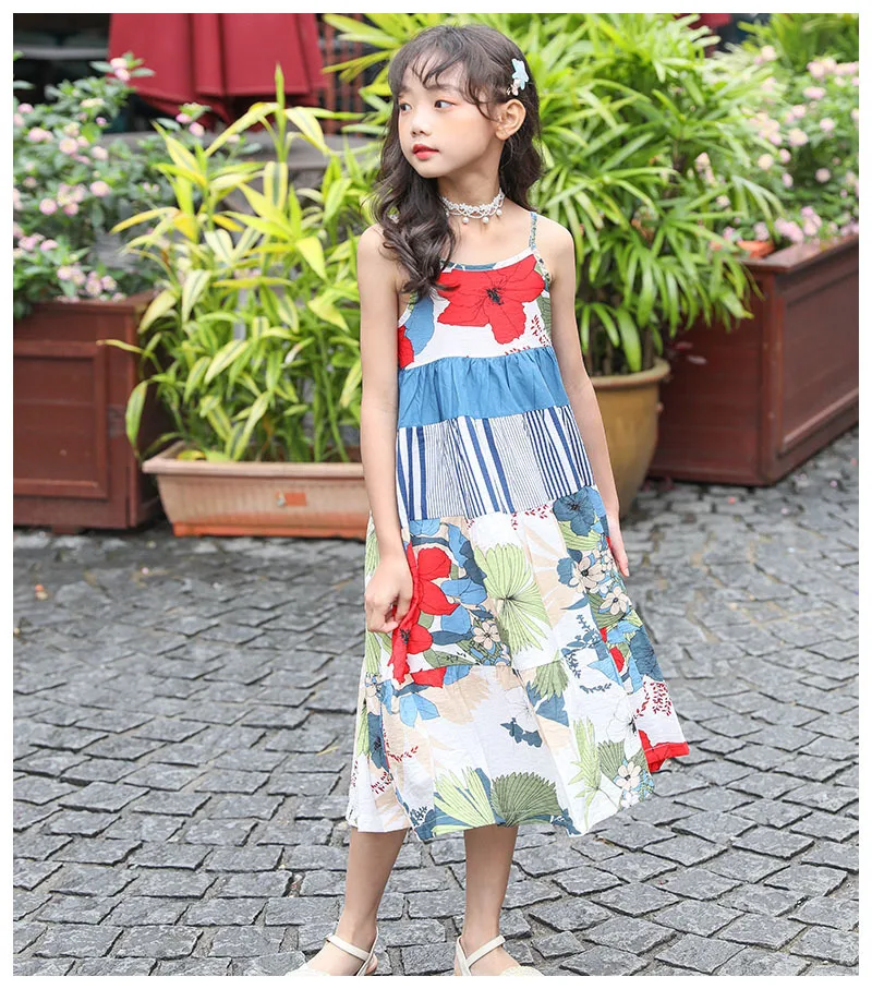 New 2019 Summer Girls Beach Dresses For Kids Sleeveless Floral Printed Party Dress Baby Big Girls Knee Length Holiday Clothing  (2).jpg