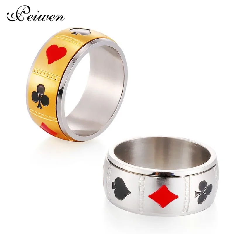 

Spinner Playing Card Ring Stainless Steel Gold Silver Lucky Poker For Men Women Rotating Finger Rings Punk Classical Jewelry New
