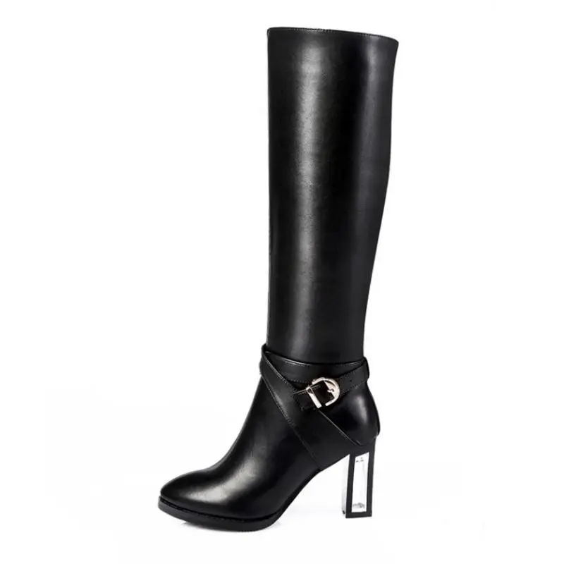 Femmes Talon Bottes De Glissière Genou Chaussures Cuir Haut Véritable Carré Talons Noir Réel Marque 45 Natrual Taille 31 Mode Orteil S35RqjLc4A