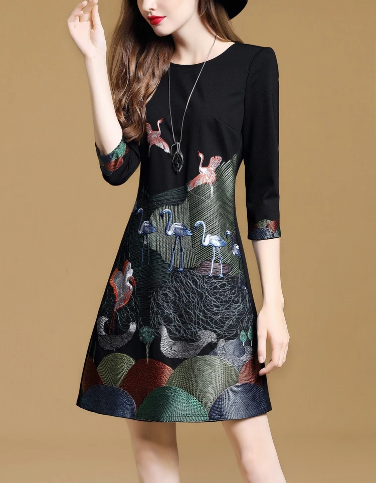 Zarachiel, высококачественное платье с вышивкой, женское Повседневное платье с круглым вырезом, цветочной вышивкой и птицей, тонкое винтажное черное платье трапециевидной формы размера плюс