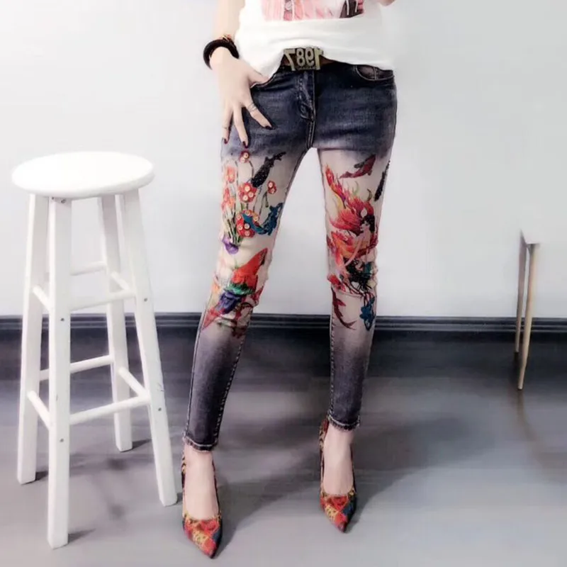 

3D Woman Flower Jean Stretch Pattern Painted Jeans Female Women's Stretch Skinny Jeans Girls Vintage Fabric Pants