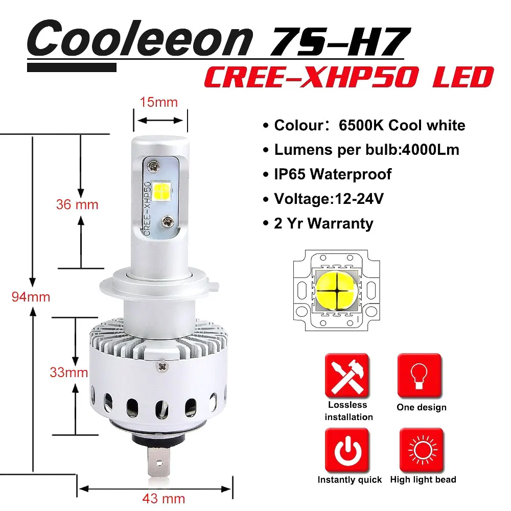 COOLEEON HL 7S H7 огни автомобиля светодиодный фары 12V 24V 80W 8000LM с CREE XHP50 чипы 6500K белый Цвет