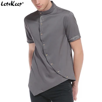 

2019 NEW LetsKeep Men short sleeve shirt with Embroidered shirts man mandarin collar slim fit slant button, ZA476