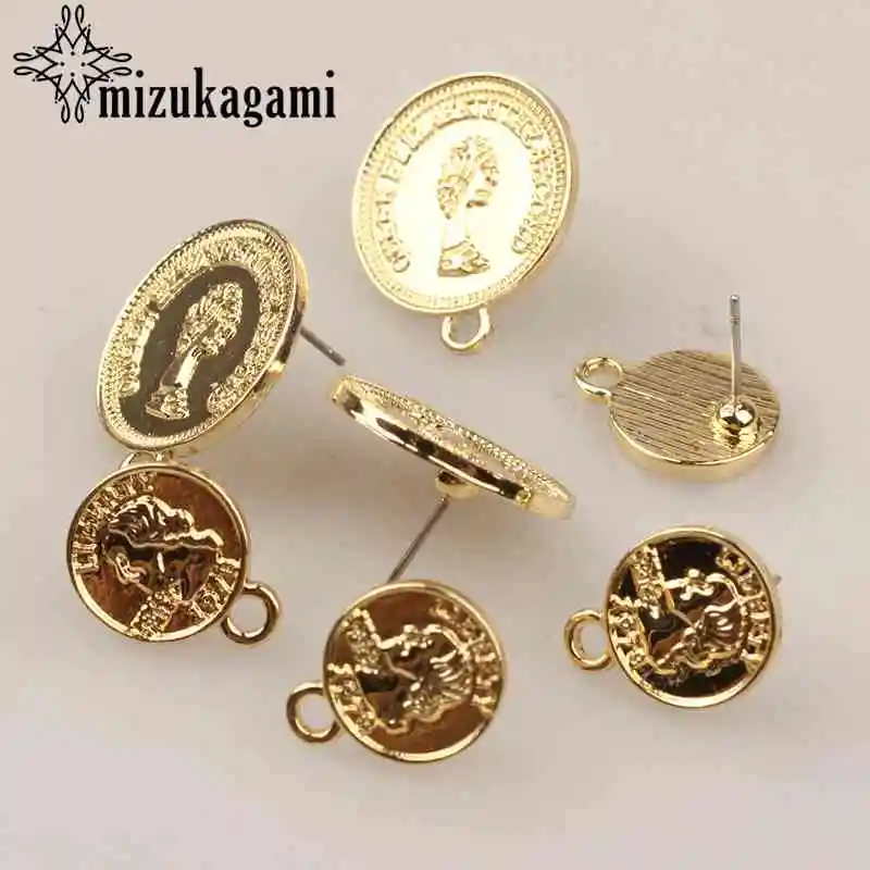 Zinc Alloy Stud Earrings Gold Metal Queen Coin Earrings Connector 12MM 19MM 6pcs/lot For DIY Earrings Jewelry Making Accessories