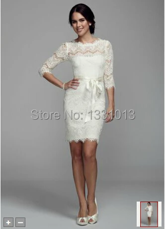 2016 Short Lace Sheath Wedding Dresses With 3 4 Sleeves And Ribbons 2016 Short Lace Sheath Wedding Dresses With 3 4 Sleeves And Ribbons Style Xs6160 In From Weddings Events On Aliexpress