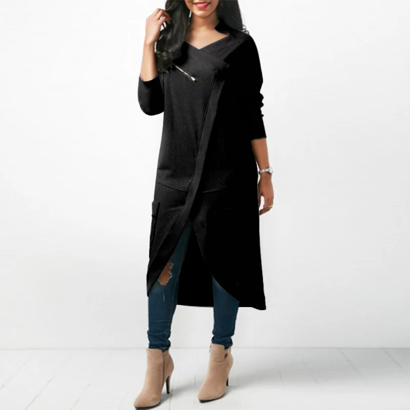 ZANZEA, женское платье-Толстовка, осень, v-образный вырез, длинный рукав, неровный подол, одноцветное, длинное, Vestido, зимний флисовый пуловер размера плюс - Цвет: Черный