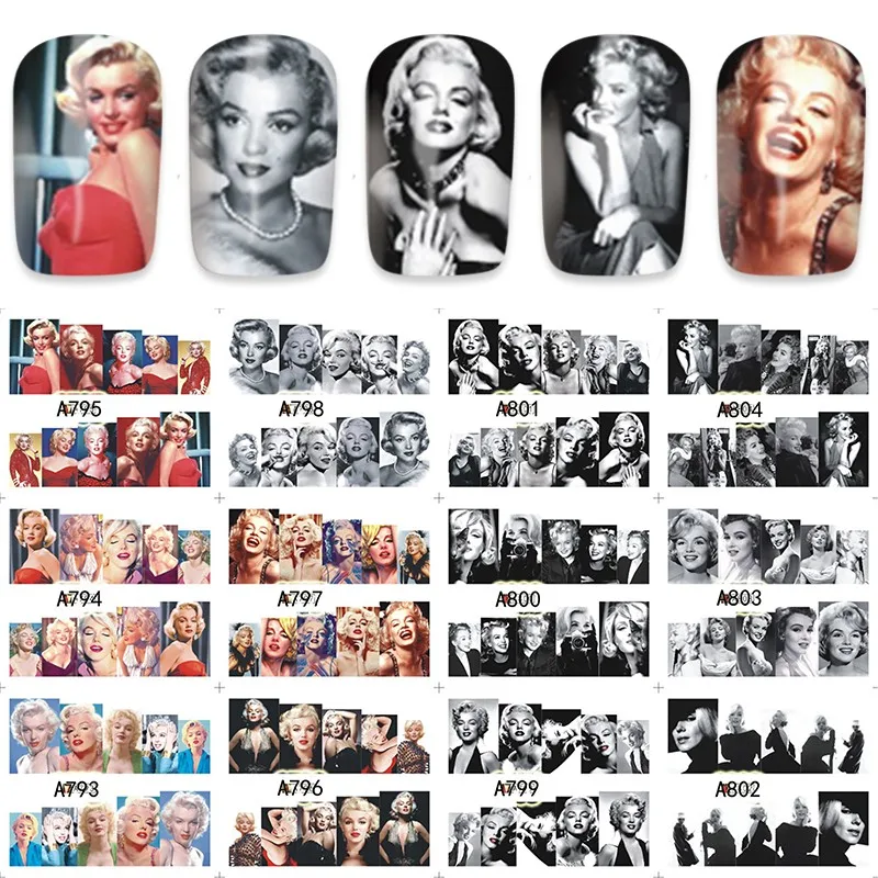 

12 sheets water decal nail art nail sticker Decorations slider tattoo full Cover beauty Marilyn Monroe style decals A793-804