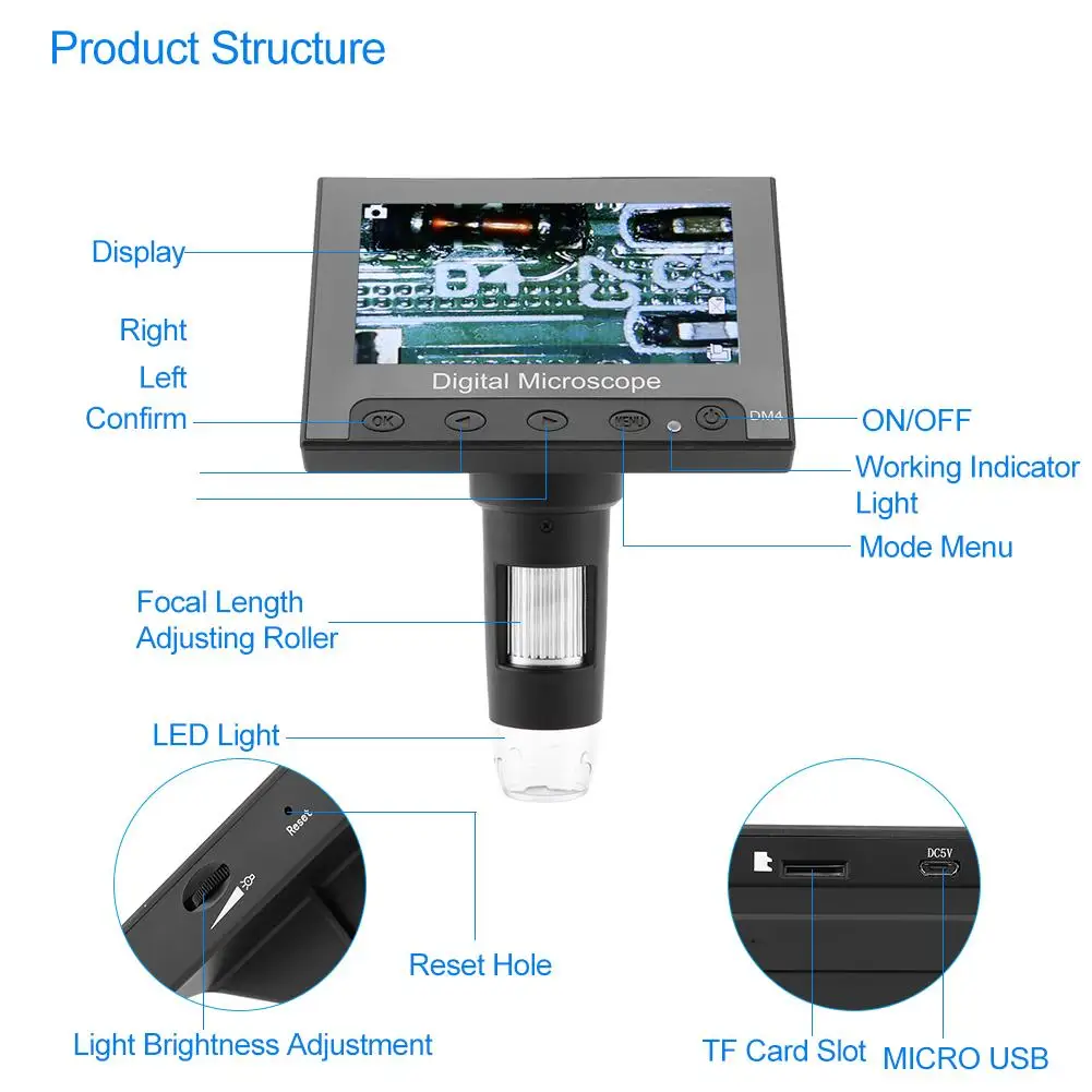 DM4 2MP 500/1000X цифровой электронный микроскоп 4," дисплей Лупа с светодиодный светильник Новинка высокое качество
