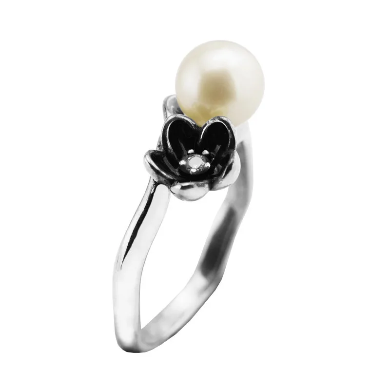 

Floral Silver Ring with Pearl & Black Enamel 925 Sterling Silver Jewelry Fashion Rings for Women DIY Charms Beads Jewelry Making