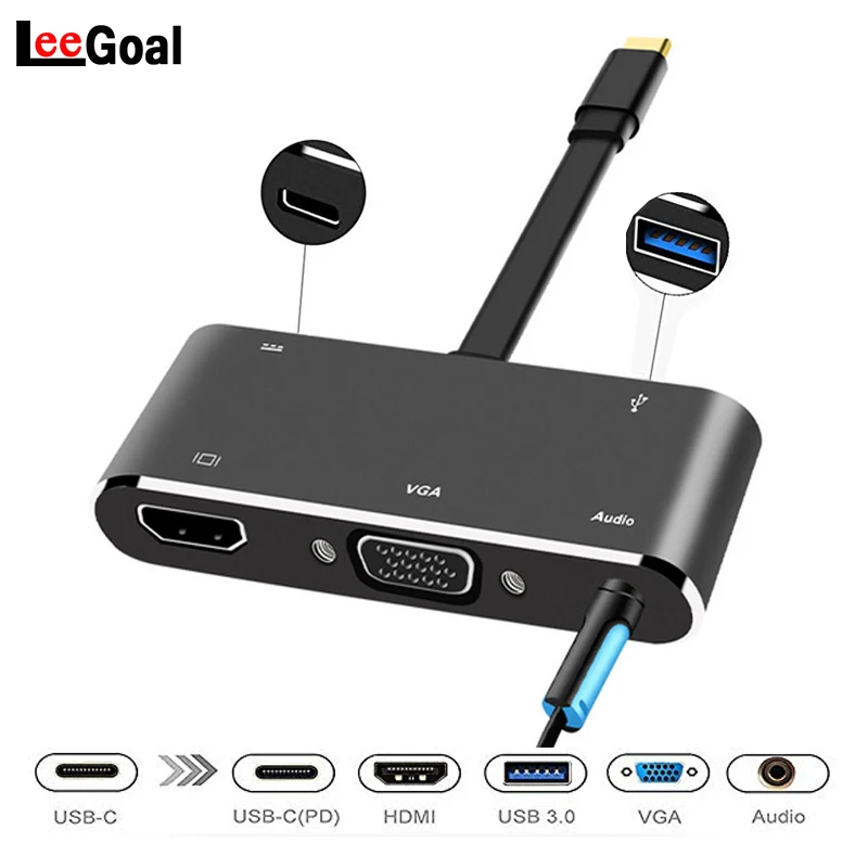 

5 in 1 Type C input Audio/Vedio Cable to HDMI/VGA/USB 3.0/Audio /USB-C/PD Charging Port Adapter Converter hub Compatible
