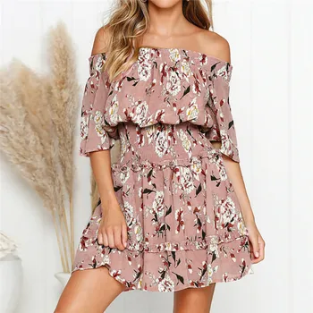 

Sexy Women Way Shoulder Summer Clothes Floral Print Short Cut Party Mini Clothes Summer Clothes 2019 Beach Clothes