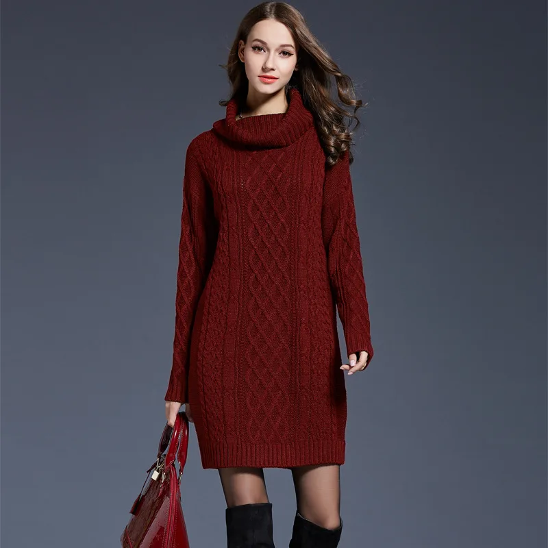 Плюс размер XXXXL платье-свитер с длинным рукавом женское осеннее зимнее плотное платье тонкий женский джемпер женское вязаное зимнее платье - Цвет: Коричневый