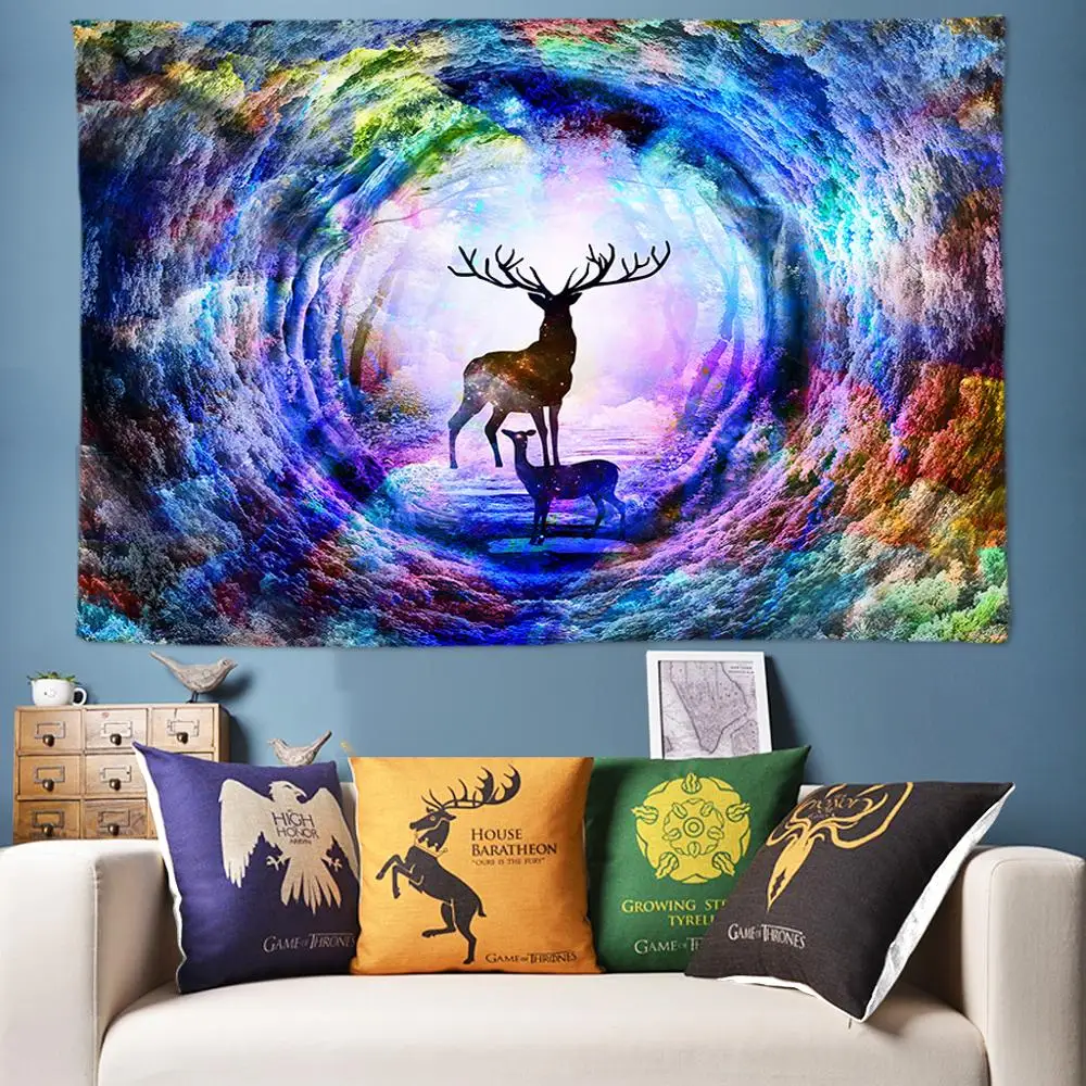 

Rainbow Elk Forest Tapestry Psychedelic Tapestry Wall Hanging Boho Decor Watercolor Art Hippie Mandala Tapestry Bedside Wall Rug