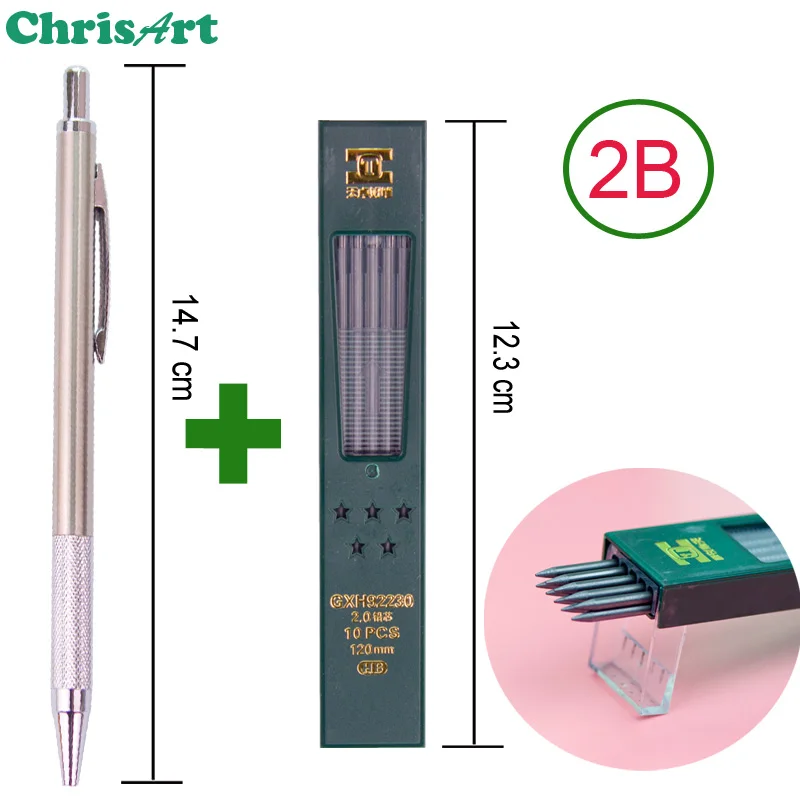 Полностью металлический высококачественный 2,0 мм механический чертёжный карандаш для рисования для художников школы и офиса канцелярских помещений - Цвет: Pencil and 2B Lead