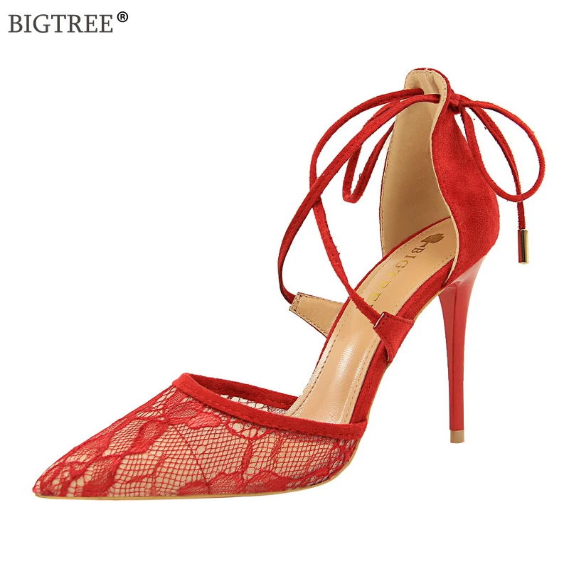 

Women Sandals 2019 Summer shoes Sexy Lace Mesh new high heels cover heel narrow band ankle strap party pump cross-tied stiletto