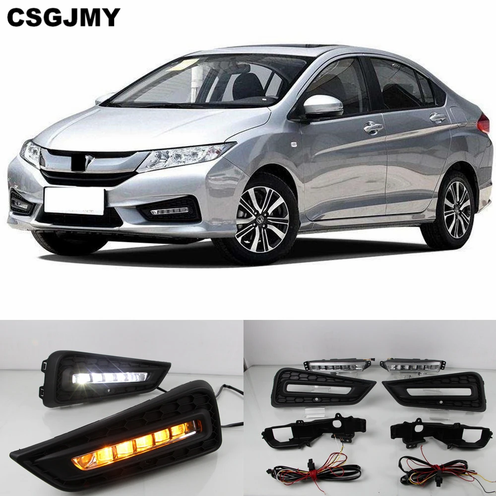 CSGJMY 1 пара дневной свет Светодиодный дневной ходовой свет 12 В DRL для Honda City с желтым цветом поворота сигнальная лампа