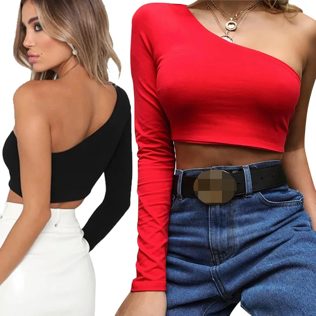 US $5.29 One Shoulder Slope Neckline T Shirt Sexy Solid Long Sleeve Women's Tshirt White Black Crop Top Ladi