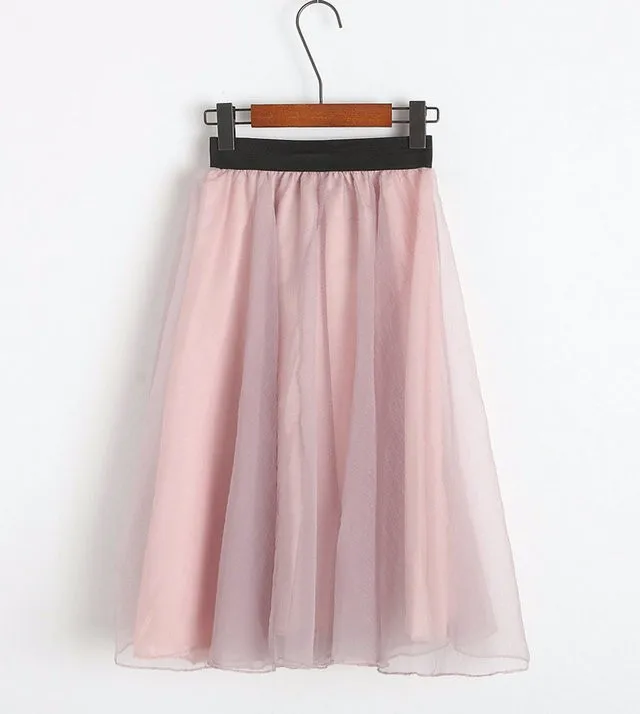 Black Pink Tulle High Waist Bow Midi Skirt