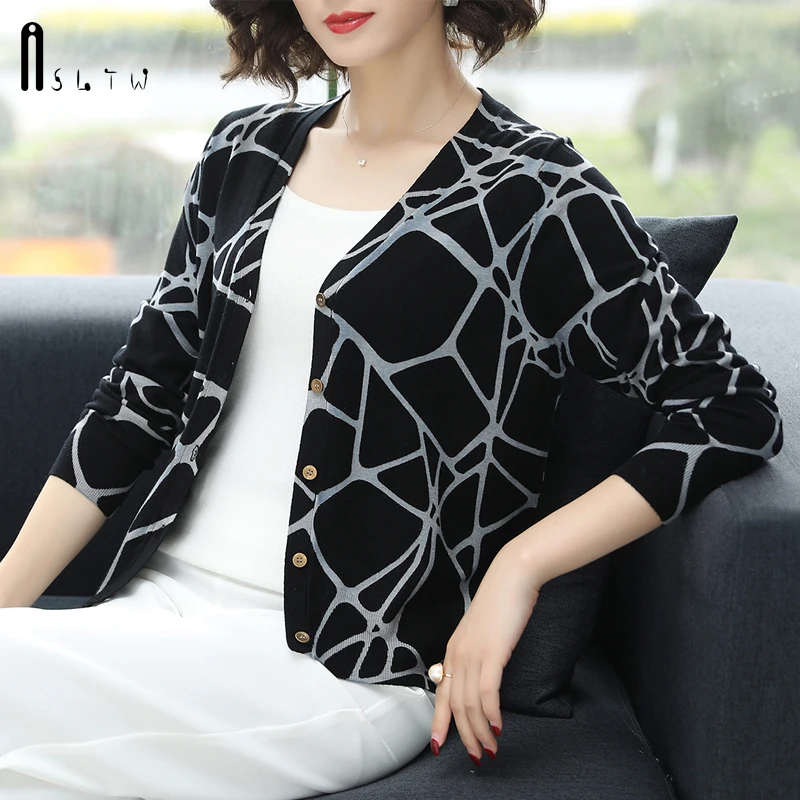 ASLTW Autumn Printed Sweater Women New Fashion Geometric V Neck Cardigan Female Plus Size Knitted Top Jumper Sweater