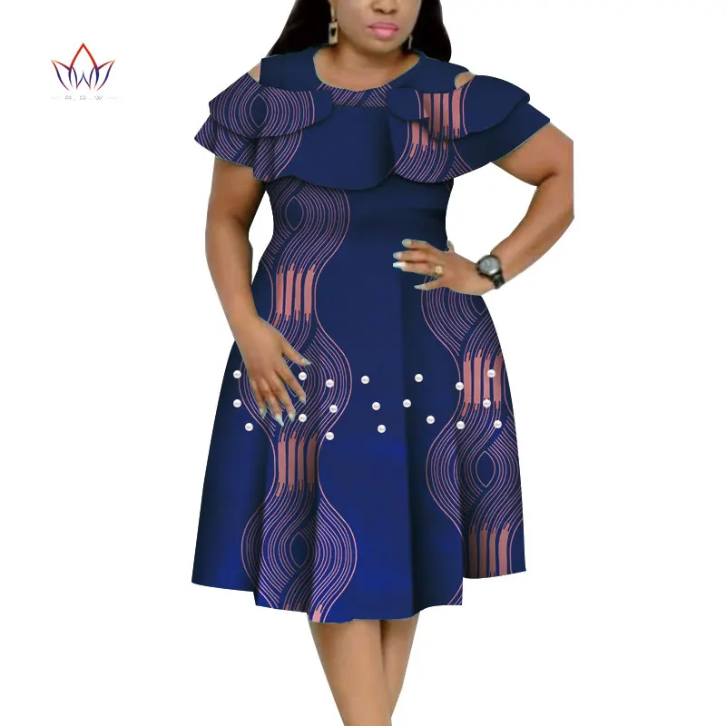 Новый Базен Riche Африканский оборками воротник платья для женщин для Дашики печати платья с жемчугом Vestidos африканская одежда для женщин WY4401