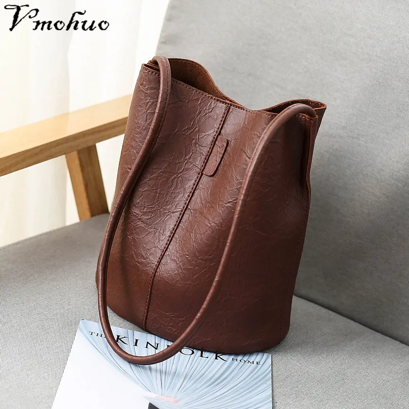 

VMOHUO Women Leather Handbags Solid Color Bucket Shoulder Bags Ladies Cross Body Bags Large Capacity Ladies Shopping Bag Bolsa