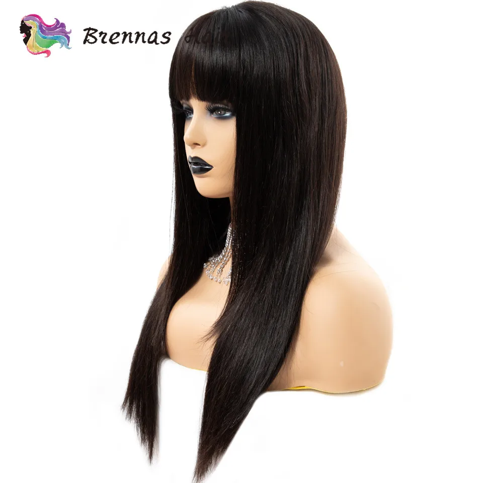 Straight lace frontal wig with bangs Brazilian human hair glueless front lace wig For Black Women Pre Plucked bleached knots