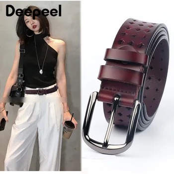 

Deepeel 1Pc 115/120cm 35mm New Wild Hollow Ladies Leather Belt Men's and Women's Pin Buckle Belt Jeans Casual Fashion Decoration