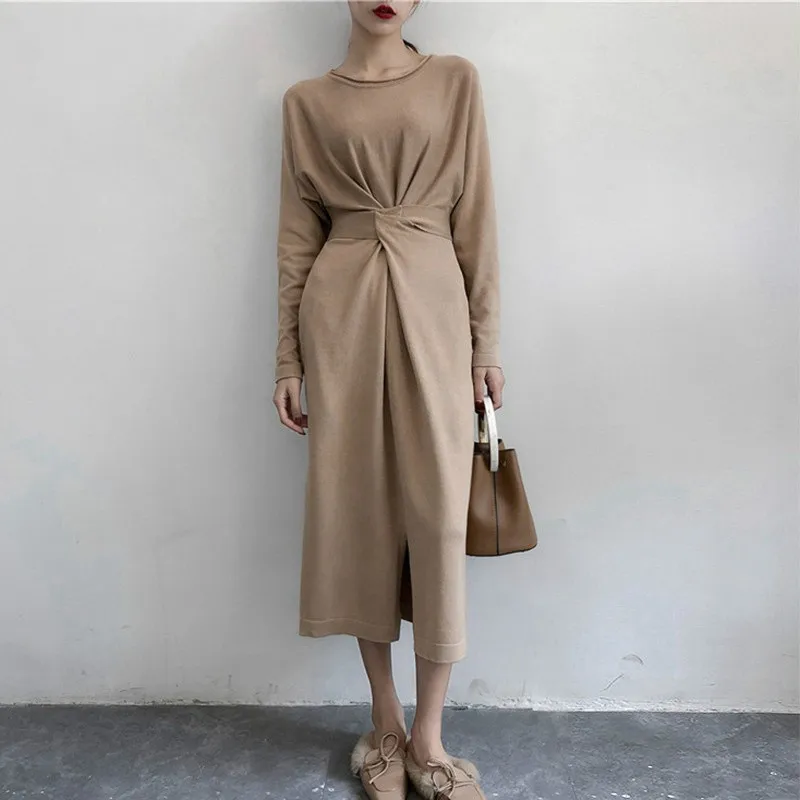 

MYDC 2018 New Korean Brief Designer Women Knitted Dress Long Sleeve Twist Knot Lace Up Split Autumn Long Dress Bandage Dresses