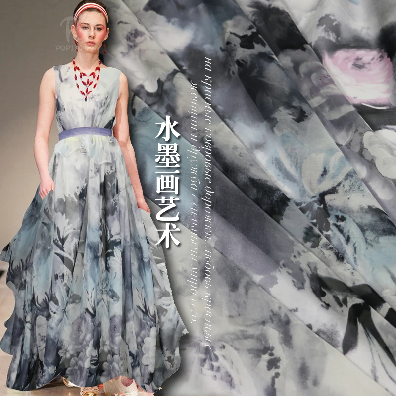 Ink painting silk chiffon fabric perspective scarf dress fabric pure