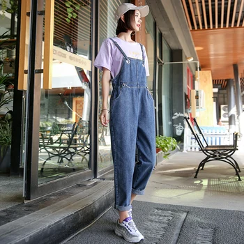 

Korean women's trousers loose high waist was thin pocket bib one-piece jeans wide leg pants