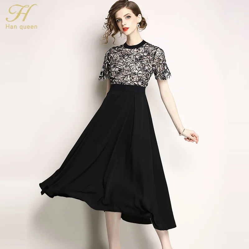 H Han queen, женское летнее подиумное кружевное вечернее платье, vestidos, высококачественное, для девушек, с круглым вырезом, модное, женское, тонкое, черное платье