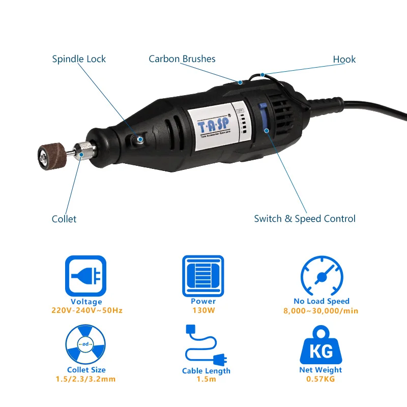 TASP 220V 130W Electric Variable Speed Mini Drill Set Engraver Rotary Tool with 175pcs Accessories Attachments and Storage Bag