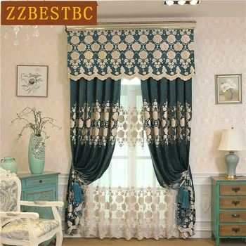 

American High quality blue royal chenille laser embroidery blackout curtains for living room luxury Voile Curtain for Bedroom